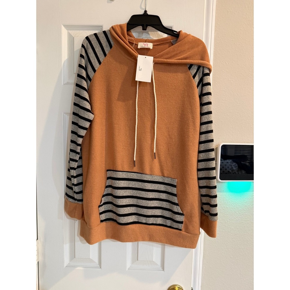Vanilla Bay Womens Striped Raglan Sleeve Hoodie Rust Orange Grey Large NWT